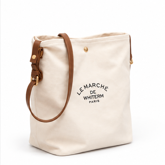 Ivory Canvas Tote With Brown Straps