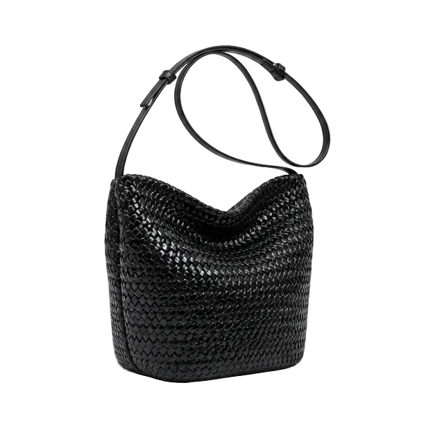 Woven Black Slouchy Adjustable Bucket Bag