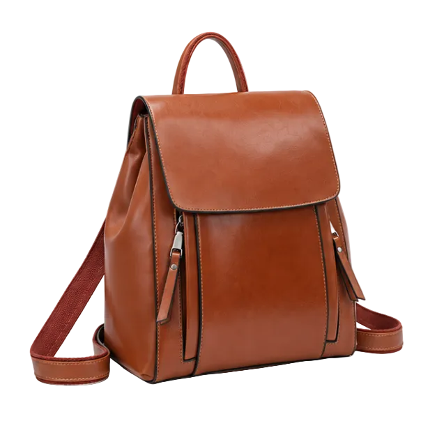 Cognac Brown Leather Adjustable Flap Backpack