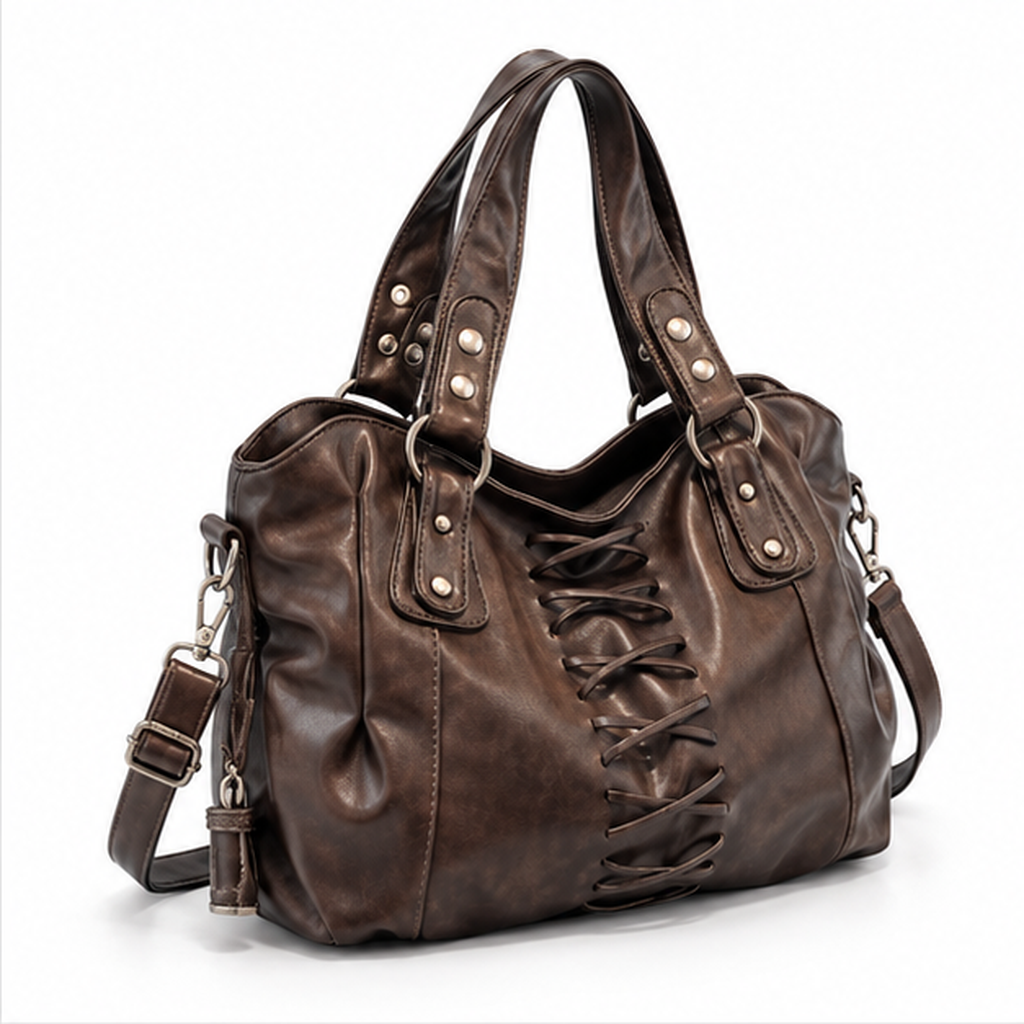 Vintage Lace-Up Coffee Leather Shoulder HandBag