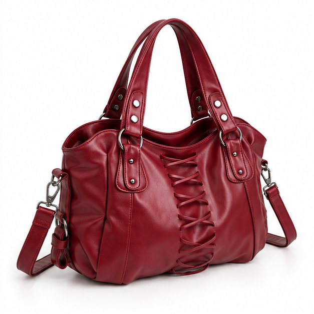 Burgundy Lace-Up Leather Shoulder Handbag