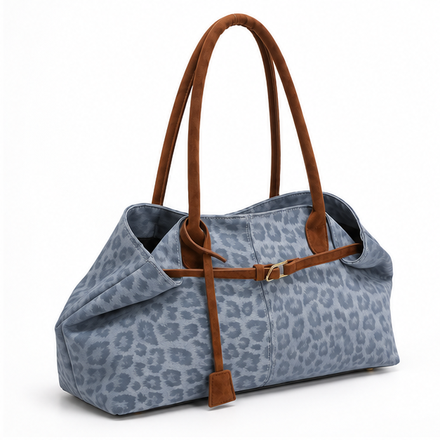 Blue Leopard Print Suede Trim Tote