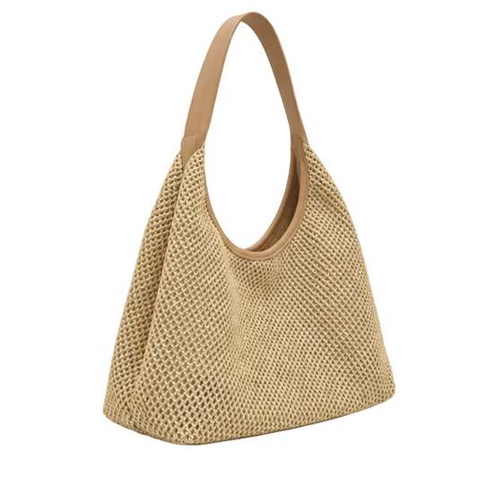 Khaki Woven Raffia Shoulder Hobo Bag