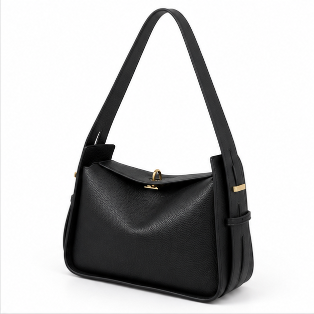 Black Pebbled Leather Shoulder Handbag
