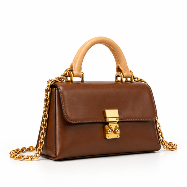 Brown Leather Chain Handle Shoulder Bag