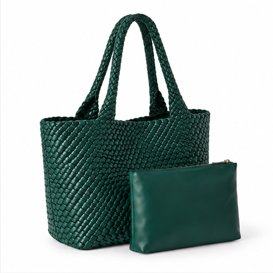 Emerald Woven Tote Bag With Pouch