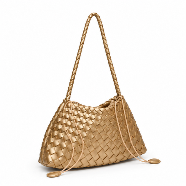 Golden Woven Braided Leather Shoulder Bag