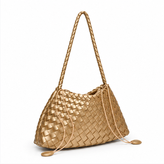 Golden Woven Braided Leather Shoulder Bag