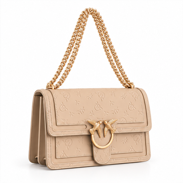 Khaki Embossed Gold Chain Shoulder Bag