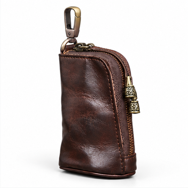 Vintage Coffee Leather Zipper Key Pouch