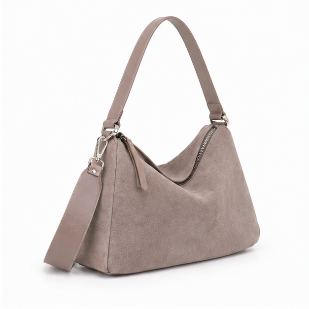 Grey Suede Slouchy Hobo Shoulder Bag