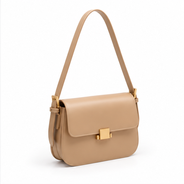Elegant Khaki Structured Leather Shoulder  Bag
