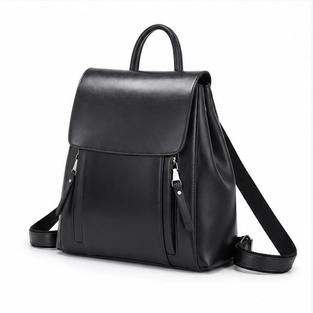 Sleek Black Adjustable Leather Backpack