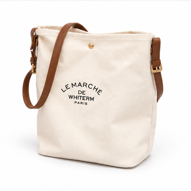 Ivory Canvas Tote With Brown Straps