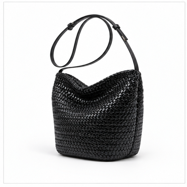 Woven Black Slouchy Adjustable Bucket Bag