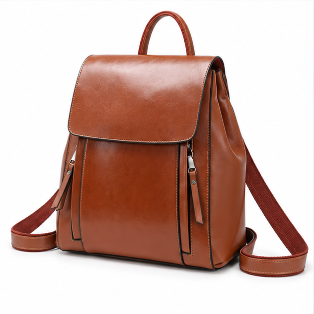 Cognac Brown Leather Adjustable Flap Backpack