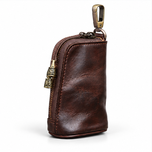 Vintage Coffee Leather Zipper Key Pouch