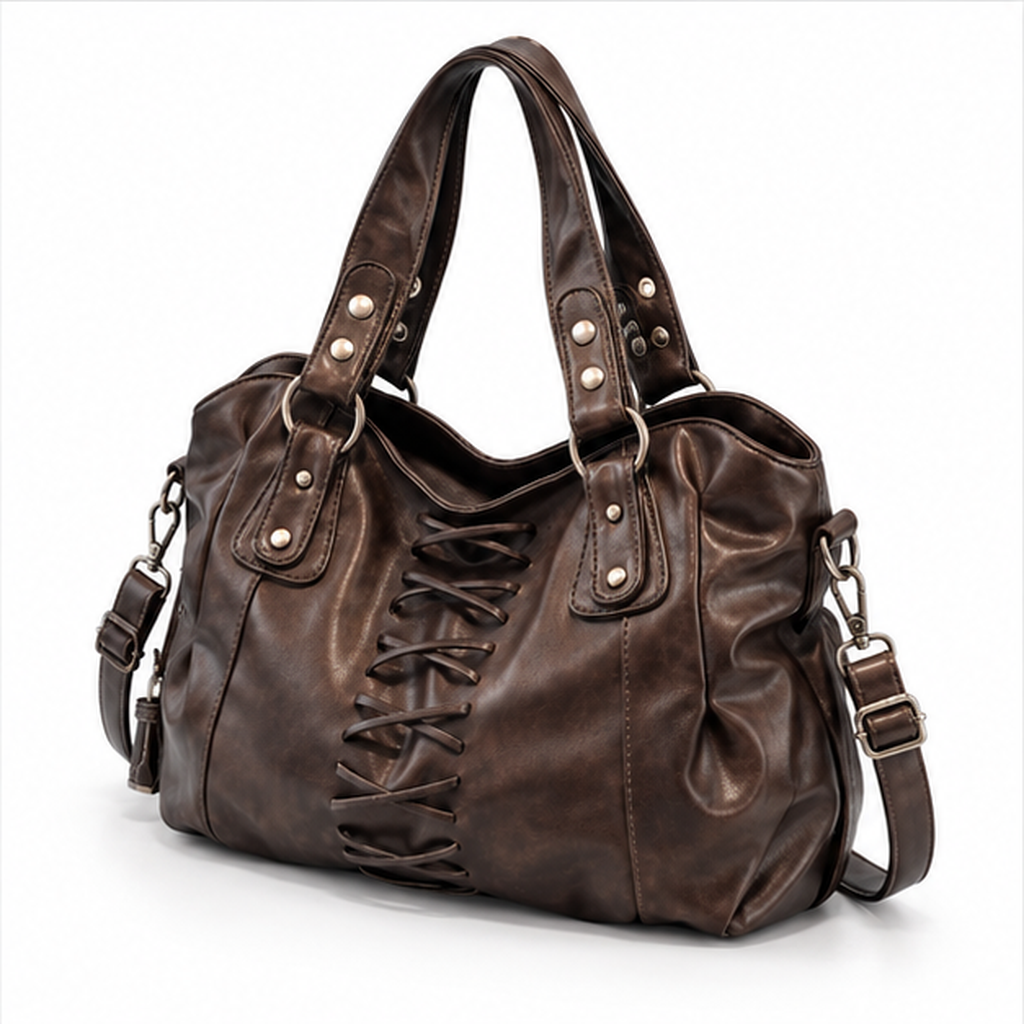 Vintage Lace-Up Coffee Leather Shoulder HandBag