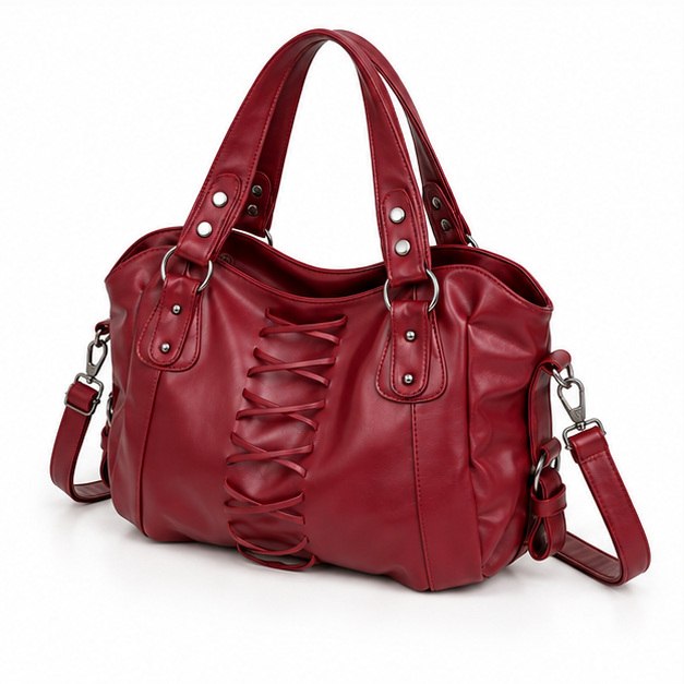 Burgundy Lace-Up Leather Shoulder Handbag