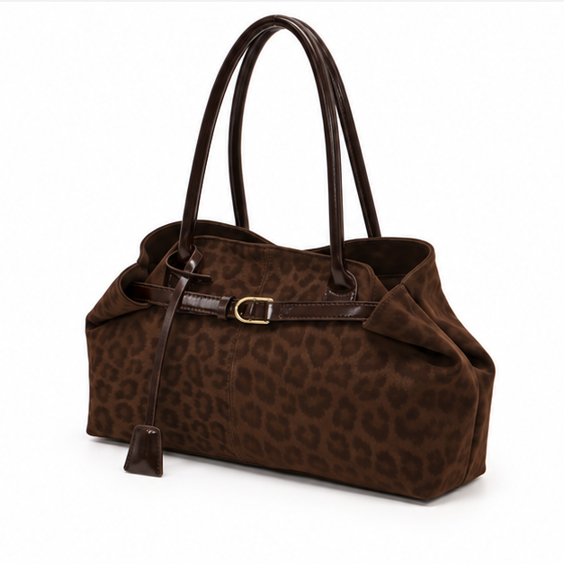 Brown Leopard Print Structured Shoulder Tote