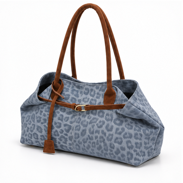 Blue Leopard Print Suede Trim Tote