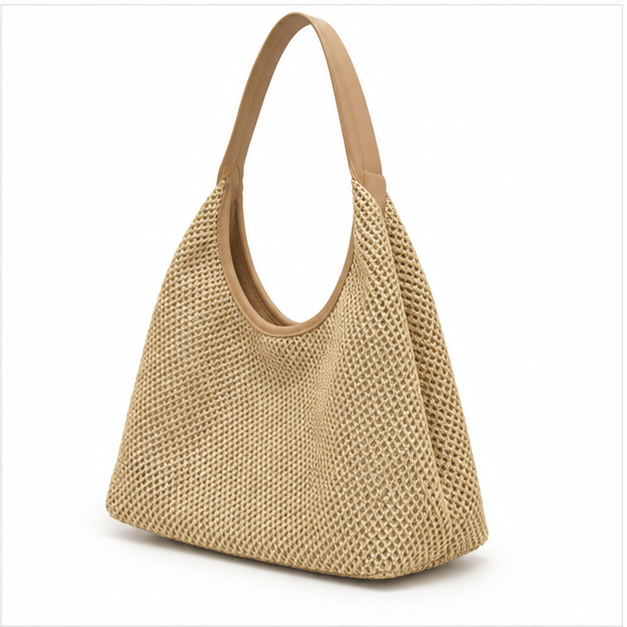 Khaki Woven Raffia Shoulder Hobo Bag