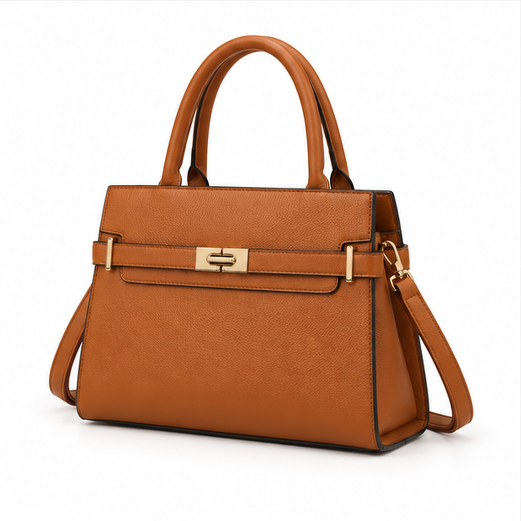 Cognac Structured Leather Top Handle Handbag