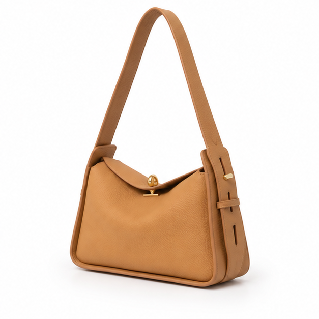 Camel Pebbled Leather Shoulder Handbag