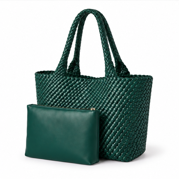 Emerald Woven Tote Bag With Pouch