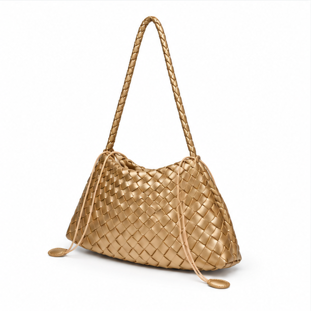 Golden Woven Braided Leather Shoulder Bag