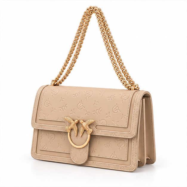Khaki Embossed Gold Chain Shoulder Bag