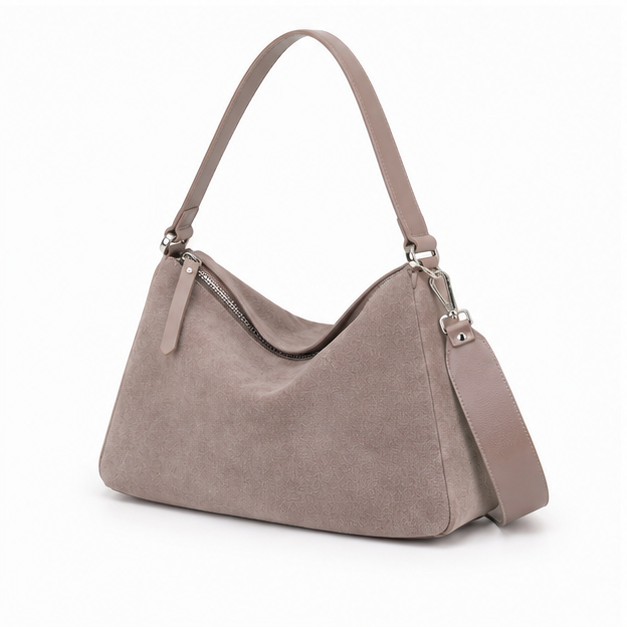 Grey Suede Slouchy Hobo Shoulder Bag