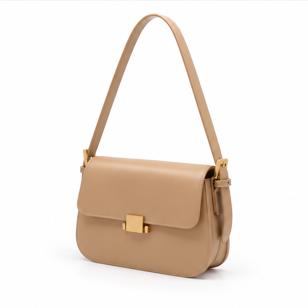 Elegant Khaki Structured Leather Shoulder  Bag
