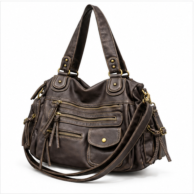 Vintage Brown Multi-Pocket Leather Shoulder Bag