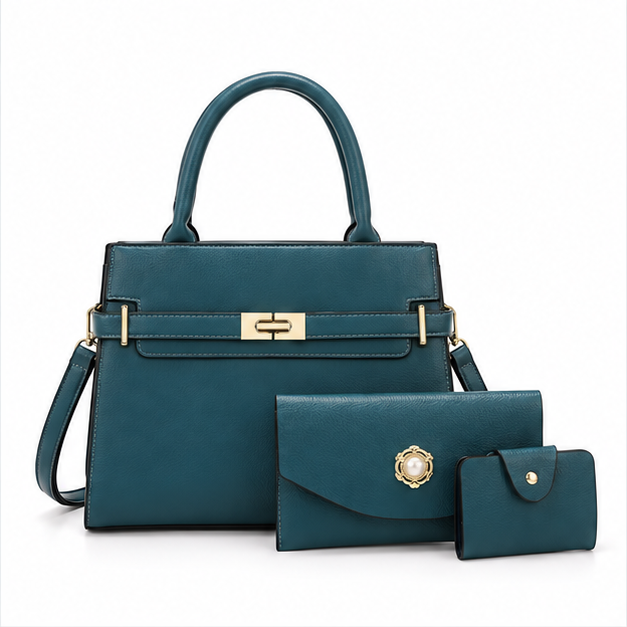 Teal Structured Handbag Three Piece Set