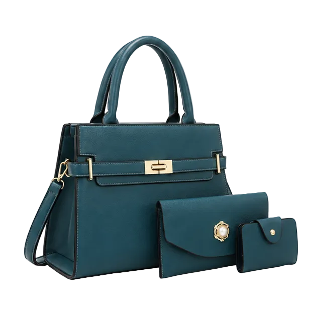 Teal Structured Handbag Three Piece Set