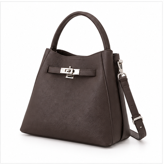 Elegant Brown Structured Leather Bucket Handbag