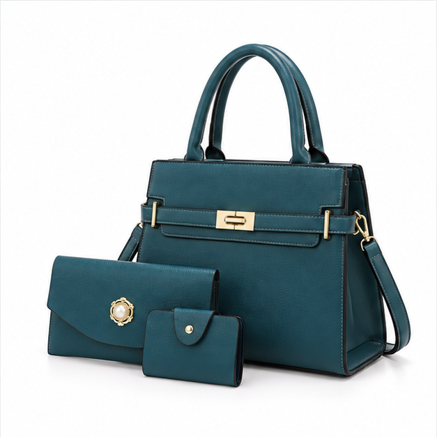 Teal Structured Handbag Three Piece Set