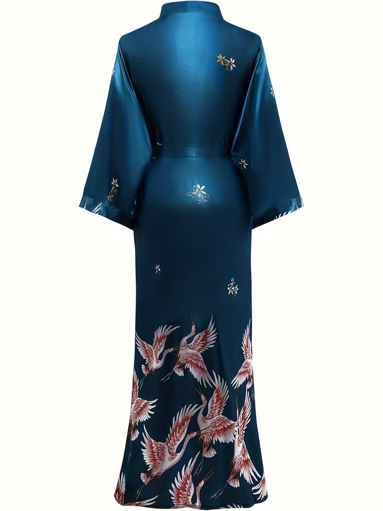 Long Kimono Robe Satin Sleepwear Blouse Bathrobe Nightgown Floral Crane Kimono Cardigan Robe