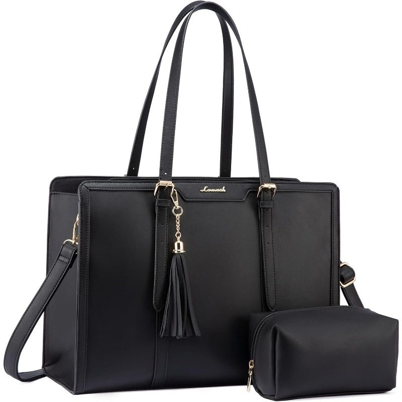 Laptop Bag for Women 15.6 inch Lightweight PU Laptop Tote Bag Large Capacity Computer bag with Clutch Purse for Business Work Office Travel School Casual Black and Faux Leather