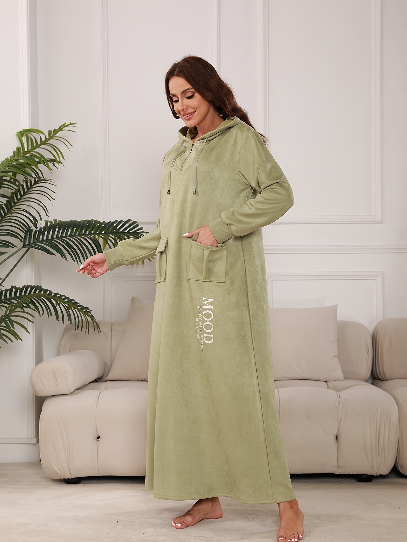 Women's Casual Long Sleeve Hooded Abaya with Zipper Collar and Pockets - Arabic Alphabet Print, Non-Stretch Fabric, Loose Fit for All Seasons, Casual Wear|Hooded Dress|Pocketed Dress