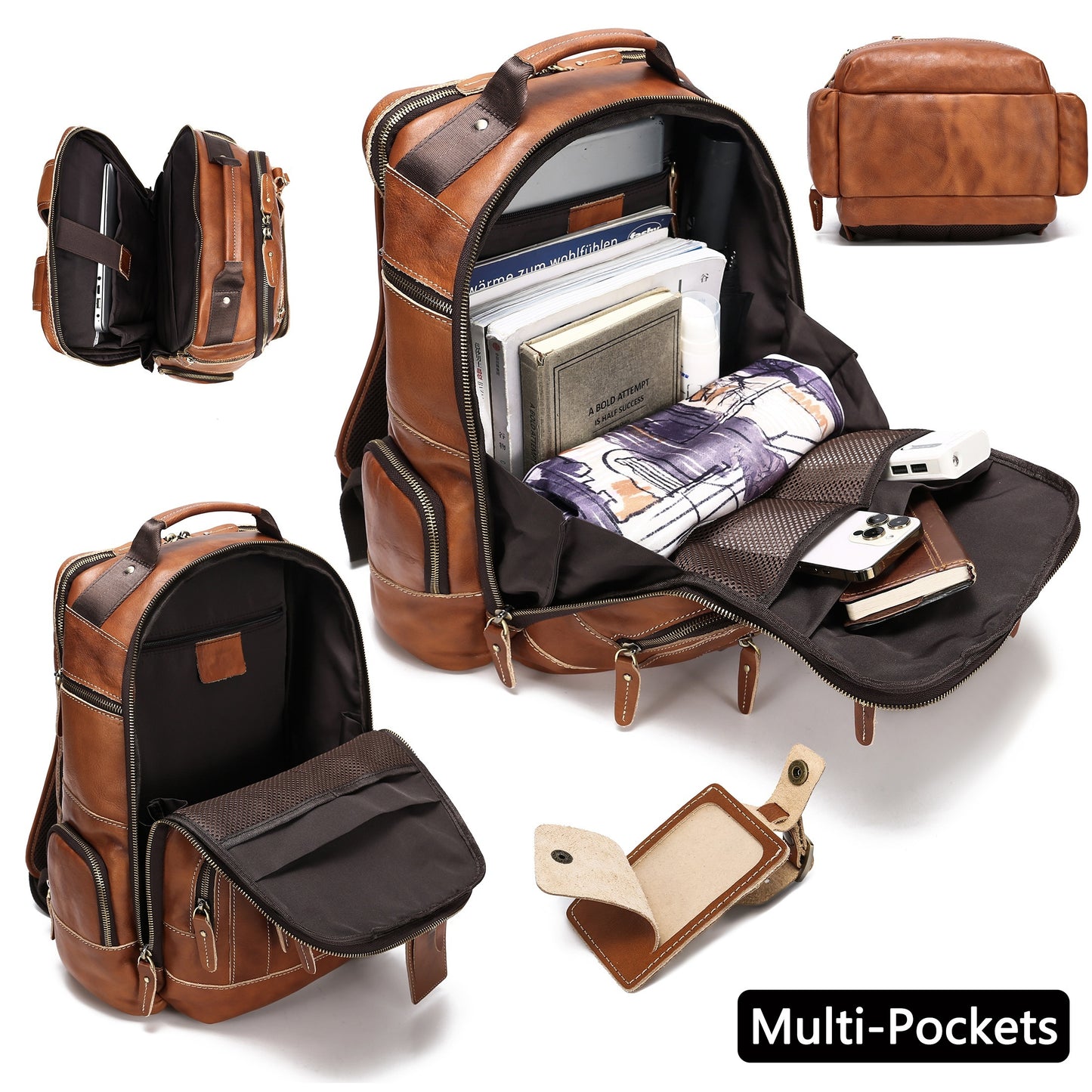 Vintage Genuine Leather Laptop Bag for Men, 15.6" Laptop Compatible, Large Capacity 6.34gal Rucksack with Multiple Zippered Pockets