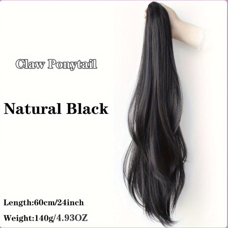 Black 23.62inch Clip-On Ponytail Hair Extension Wig for Women, Featuring a Long Straight Hairpiece