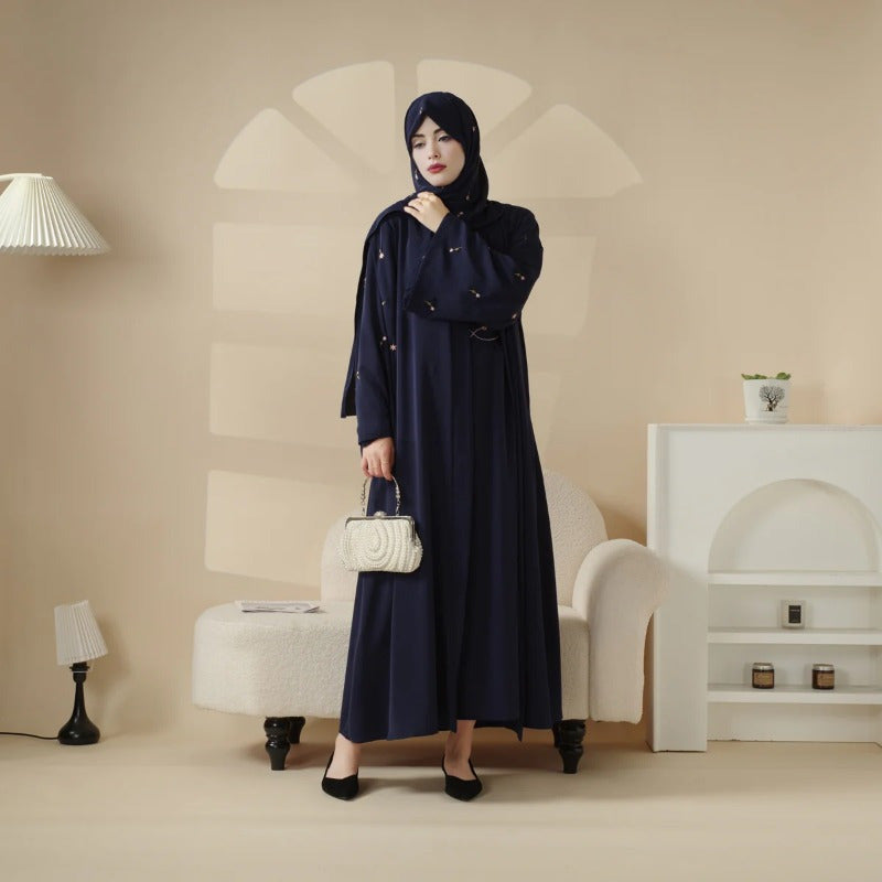 Tulip Embroidery Open Abaya 4pcs set: Includes open abaya, inner dress, matching belt, and hijab