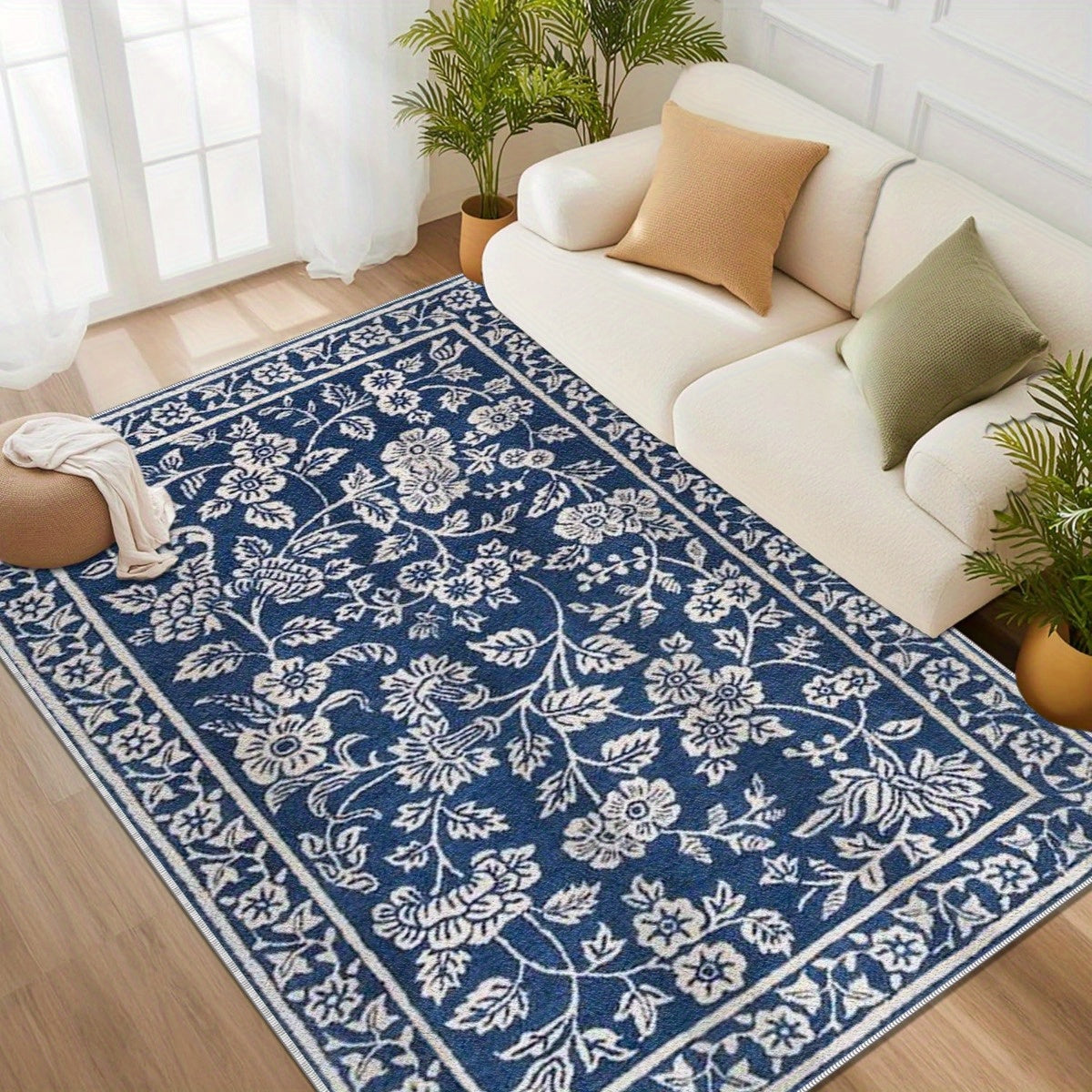 1pc Bohemia Blue and White Floral Patterned Area Rug, Easy to Maintain, Foldable Indoor Printed Floor Mat, Soft and Durable Machine-Washable Carpet, Suitable for Living Room, Bedroom, Dining Room, Hallway, Balcony, Home Decor