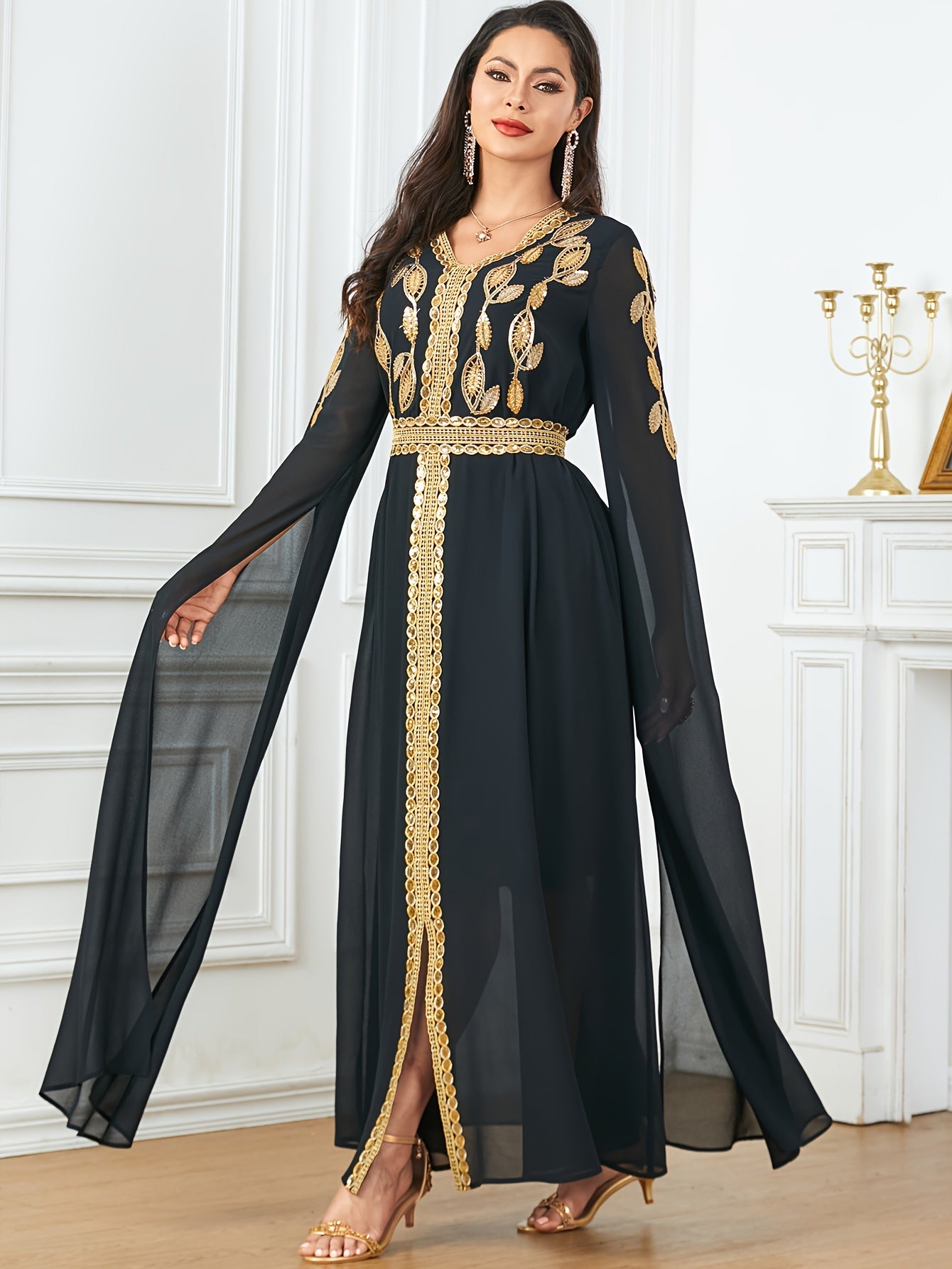 Embroidered V-Neck Abaya Dress, Elegant Cape Sleeve Maxi Dress, Women's Clothing