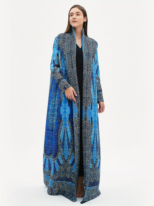 2025 Summer New Miyake-Style Kaftan Abaya, Long Sleeve, High-Elasticity Polyester Dress with Geometric Print, Belted Waist Design - Versatile for Daily Commute & Formal Occasions