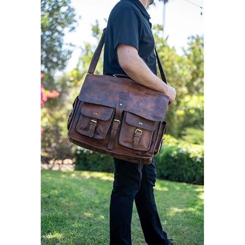 Genuine Leather Laptop Bag for Men - Stylish and Spacious 15.5 x 15 x 5 Briefcase - Professional and Luxurious Satchel for Work Travel Business and Office Use - Brown