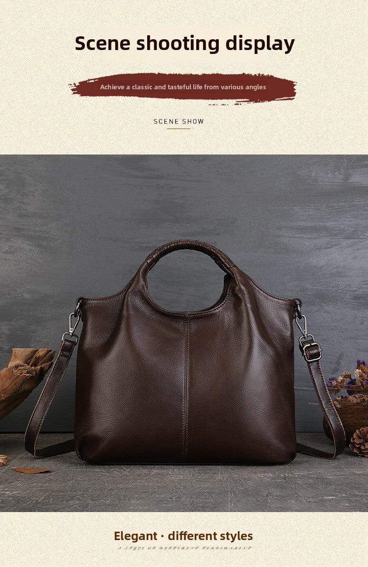 Multi-Functional Messenger Handbag, High-End Genuine Leather Women's Bag, Ethnic Fashion Layer Cowhide Large-Capacity Tote Bag