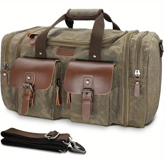 Wildroad Leather Duffle Bag for Travel 13.21gal Waterproof Waxed Canvas Weekender Overnight Bag Vintage Travel Hand Bag Carry on Bag